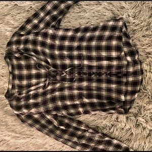 Black & White plaid tie-up blouse